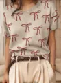 Vintage beige Kurzarm-Strickpullover mit rotem Schleifen-Jacquard-Muster für Damen - S / Oberteile / Beige Rote Schleife Jacquard (QZDX09)