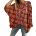 Oversized women's hollow-out knit sweater featuring a festive 3D pumpkin print pattern - S / Tops / Dark Red Pumpkin Pattern (LXK-TTLK4-2)