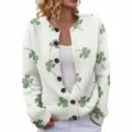 Casual white round-neck knit cardigan with vibrant green shamrock pattern for women - Green Clover Print (LXK-SPYK19)