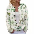 Women's St. Patrick's Day knit cardigan with green bow pattern and heart motifs - Festive Mixed Print (LXK-SPYK20)