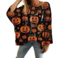 Women's oversized Halloween hollow knit sweater with orange Jack-O-Lantern print - S / Tops / Black Pumpkin Pattern (LXK-TTLK4-3)