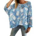 Women's blue hollow-out knit sweater with cute ghost print, casual loose Halloween top - S / Tops / Blue Ghost Pattern (LXK-TTLK5-1)