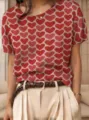 Vintage-Kurzarm-Strickpullover mit rotem Herz-Jacquard-Muster für Damen im Retro-Stil - S / Oberteile / Rotes Herz Allover Jacquard (QZDX15)