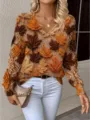 Detail view of a boho V-neck knit sweater featuring an autumn maple leaf pattern. - S / Top (VT11)