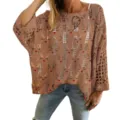 Loose brown hollow-out knitted pullover sweater featuring a vibrant red and grey 3D dot pattern - S / Tops / Tan Dotted Pattern (LXK-TTLK7-1)