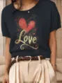 Vintage dunkelblauer Kurzarm-Strickpullover mit rotem Herz und Love-Grafikdruck - S / Oberteile / Dunkelblau Love Herz (QZDX56)