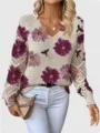 Elegant Bohemian floral V-neck long sleeve knit sweater with bee print details for women - S / Top (VT13)