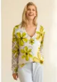 Elegant V-neck knit sweater with yellow floral print and lace sleeves for women. - S / Top / Yellow Floral (VT15)