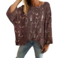 Brown hollow-out knitted pullover sweater featuring reindeer antler 3D print pattern - S / Tops / Blue Reindeer Antler Pattern (LXK-TTLK7-3)