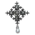 Vintage silver-tone cross brooch with dark rhinestones and elegant grey pearl drop - Black