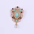 Elegante broche dorado de estilo barroco vintage con piedra turquesa y colgante de perla - Estilo Hueco de Piedra Azul Cielo (C1-3-8135)