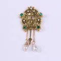 Broche de reloj de cuco barroco vintage dorado con perlas y piedras verdes brillantes - Estilo de Piedra Verde con Forma de Reloj Dorado (G7-6-1500)