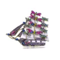 Vintage sailboat brooch with colorful rhinestone dragonflies and white enamel sails - Sailboat and Dragonfly Style (P2-5-6059)