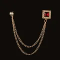 Elegant golden sweater chain brooch with ruby red square gemstone and double layer chain design - Gold with Wine Red Gem (Style 1)