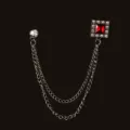 Elegante spilla a doppia catena d'argento con rubino rosso quadrato e cristalli lucenti - Argento con Gemma Quadrata Rossa (Stile 10)