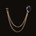 Elegante spilla a doppia catena con gemme blu scuro su finitura dorata - Oro con Gemma Ovale Blu Scuro (Stile 13)