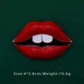 Close-up detail of a vibrant red lips enamel brooch badge with dimensions 4x2.8cm and 10.6g weight - Lip Shape (BK08)