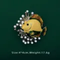 Macro detail of vibrant yellow tropical fish brooch with pearls, crystals, size 4x4cm - Tropical Fish Shape (BK10)