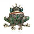 Detailed view of vintage frog brooch with green crystals and golden crown - Vintage Frog Wearing Crown Style (A08)