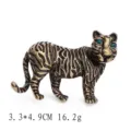 Detailed view of a vintage bronze tiger brooch with blue crystal eyes and size metrics. - Blue Eye Tiger Bronze