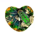 Intricate detail of a frog brooch on a green heart-shaped leaf with crystal accents - Heart-shaped Leaf with Two Frogs Style (A10)