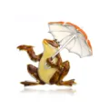 Macro detail of a creative frog brooch holding an umbrella with vibrant enamel finish. - Anthropomorphic Frog with Umbrella Style