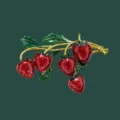 Elegant vintage red strawberry enamel brooch with green leaves on golden branches - Style 2