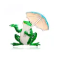 Detail of a fun green frog brooch holding a blue umbrella animal clothing accessory. - Frog Holding Umbrella Style