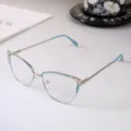 Detail of silver cat-eye glasses frame with blue accents and sparkling rhinestones - Photochromic Anti-Blue Light Lens / Blue Frame