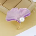 Elegant colorful ginkgo leaf brooch with purple glitter enamel and white pearl detail - Purple