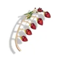 Elegant enamel ladybug and red flower bud branch brooch pin with a polished gold finish - Red Droplet Buds and Ladybug (BH12)