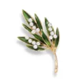 Elegant green enamel bamboo leaf brooch accented with delicate white pearls - Green Leaf Pearl Branch (BH13)