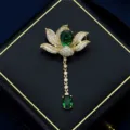 Elegant vintage lotus flower brooch with green crystals and gold dangling drop for suits - Gold Lotus Dark Green Stone