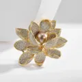 Elegant vintage gold lotus flower brooch with pavé crystals and champagne pearl for suits - Gold Lotus Champagne Pearl Center