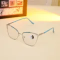 Stylish cat-eye metal eyeglass frames with blue accents and photochromic lenses. - Blue and Silver Frame - Blue Light Plain Lens