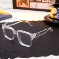 Detailed macro view of stylish transparent square frame sunglasses for men and women - Fashion Transparent Square Frame / Transparent White Blue Light Blocking