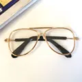 Detailed view of trendy gold metal aviator glasses for pets with black temple tips. - Aviator Glasses - Clear Lenses (3026 Pet Collection)