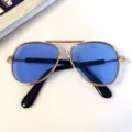 Macro view of blue lens pet aviator sunglasses with high-quality gold metal frame. - Aviator Glasses - Blue Lenses (3026 Pet Collection)