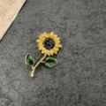 Vintage yellow sunflower enamel brooch pin with green leaves accessory for clothing - Green Sunflower Style
