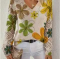 Elegant bohemian floral knit sweater featuring a V-neck and decorative lace mesh sleeves - S / Top (VT16) / Beige with Green Yellow Brown Flowers