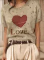 Vintage Kurzarm-Strickpullover mit Herzmuster und Love-Aufdruck für elegante Damen - S / Oberteile / Beiges Tintenspritzer-Herz (QZDX66)