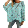 Women's light blue hollow knit sweater with 3D reindeer print oversized pullover - S / Tops / Light Blue Reindeer Pattern (LXK-TTLK8-1)