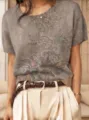 Vintage Kurzarm-Strickpullover mit elegantem floralem Jacquard-Muster in Taupe-Farbe - S / Oberteile / Taupe Vintage Floral (QZDX67)