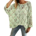 Oversized light green hollow-out knit sweater with festive reindeer print motif. - S / Tops / Light Green Reindeer Pattern (LXK-TTLK8-2)