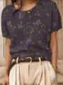 Klassisches lila Kurzarm-Strickoberteil mit stilvollen floralen Jacquard-Mustern - S / Oberteile / Dunkellila Floral (QZDX68)
