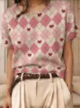 Vintage Kurzarm-Strickpullover mit Rautenmuster und Herzmotiv in Rosa und Beige - S / Oberteile / Rosa Argyle-Herz (QZDX70)