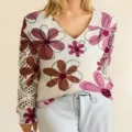 Elegant Bohemian floral V-neck sweater featuring intricate crochet lace sleeves in cream - S / Top (VT12) / Off-White Multicolor Print