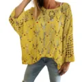 Oversized yellow hollow-out knit sweater featuring festive reindeer 3D print motif - S / Tops / Yellow Reindeer Pattern (LXK-TTLK8-5)