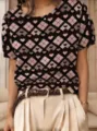 Retro-Kurzarm-Strickoberteil für Damen mit braunem und rosa Rauten-Herz-Muster - S / Oberteile / Braun & Rosa Argyle mit braunen Herzen (QZDX72)