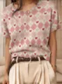 Vintage rosa Argyle Kurzarm-Strickpullover mit kleinen roten Herzmustern für Damen - S / Oberteile / Rosa und Beige Argyle Herz (QZDX73)